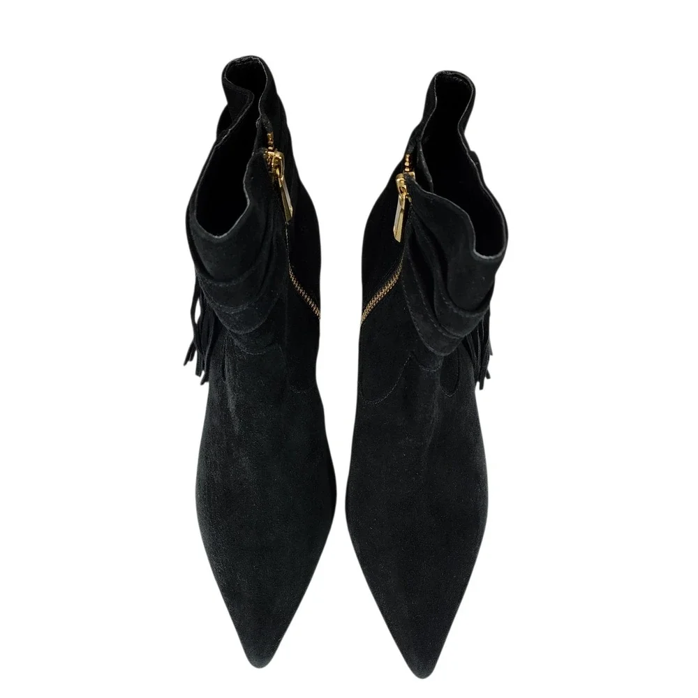 Charles Jourdan Paris Ankle Boots sz 7 Women Black Suede Fringe‎ Pointed Toe